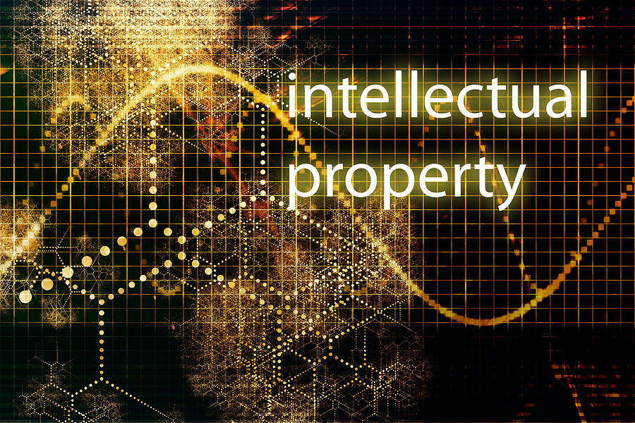 Abstract background with a grid, glowing lines, and dots, with the text "intellectual property".