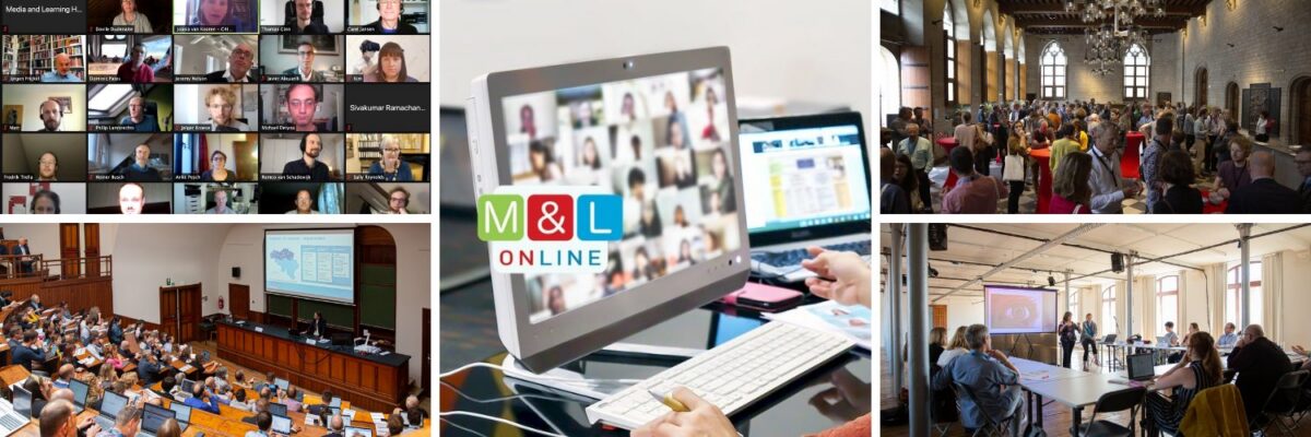 Collage of 6 images: online conference, lecture hall, people networking, online learning, and workshop.