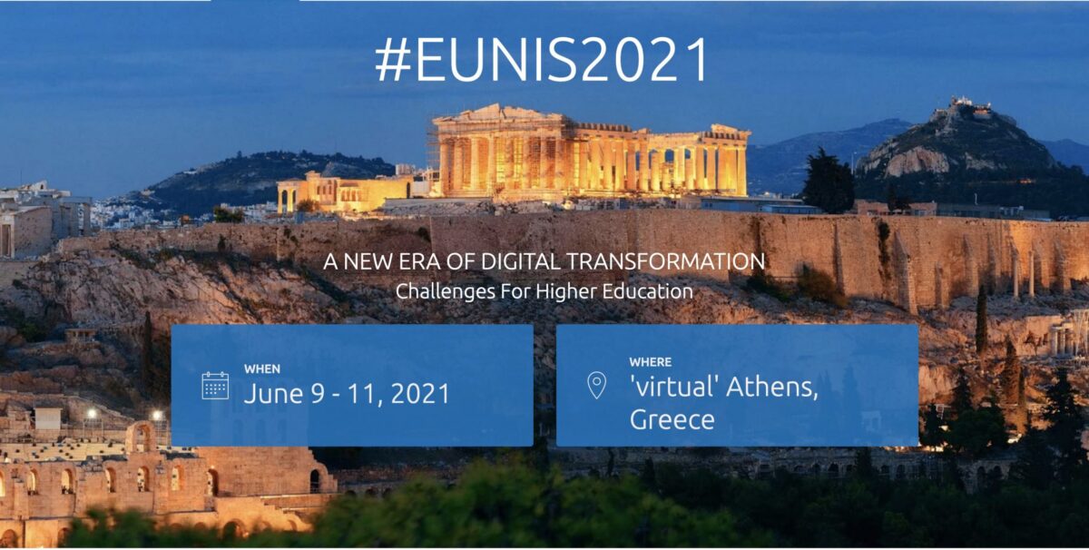 EUNIS 2021 banner with a night view of the Acropolis in Athens, Greece, and event details