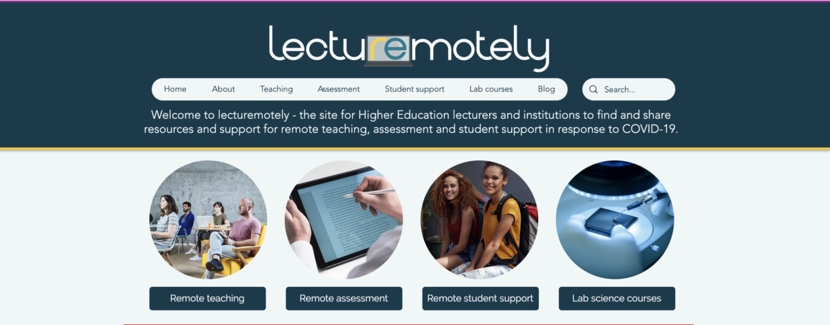Screenshot of the lecturemotely website showing its logo, navigation menu, introductory text, and four circular images with