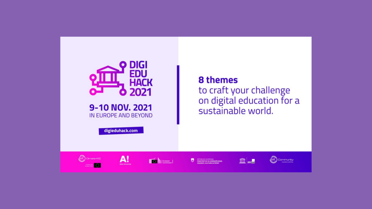 DigiEduHack 2021 banner: 9-10 Nov. 2021, In Europe and Beyond. 8 themes for digital education.