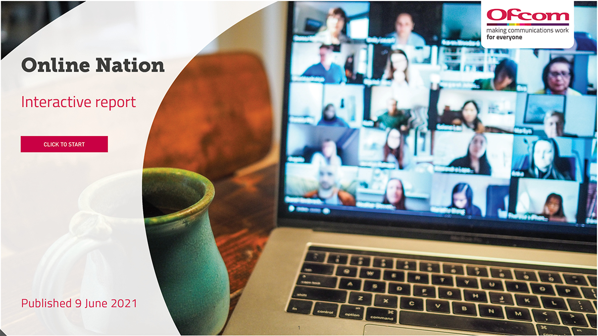 Laptop screen showing a video conference with multiple participants, next to a teal mug. Text: Online Nation, Interactive