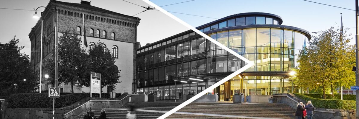 A building split diagonally, left side black and white, right side in colour, with people on steps.