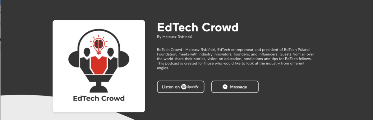 Screenshot of the EdTech Crowd podcast page on Spotify, showing its logo, title, author, and description.