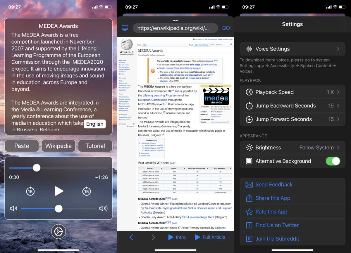 Screenshot of the iPlayText app showing text, a Wikipedia page, and settings for playback and appearance.