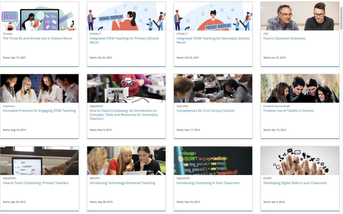 A grid of twelve course cards from the European Schoolnet Academy, each with an image, title, and start date.