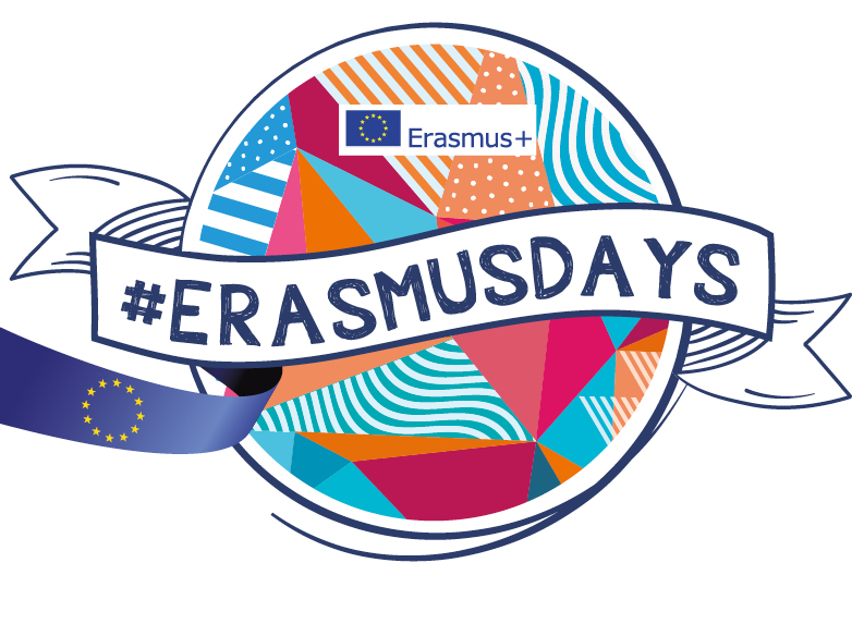 Logo for #ErasmusDays 2021, featuring a colourful circular design and a blue ribbon with the EU flag.