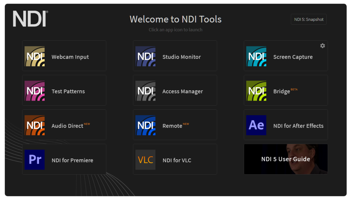 Screenshot of the NDI Tools application interface, showing icons for Webcam Input, Studio Monitor, Screen Capture, Test