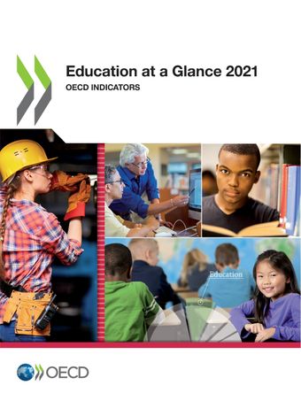 Cover of the OECD publication "Education at a Glance 2021" showing diverse people learning and working.