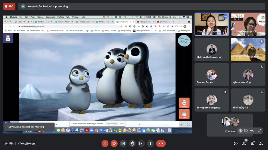 Screenshot of a Google Meet call with a FilmDoo video of three cartoon penguins being presented.