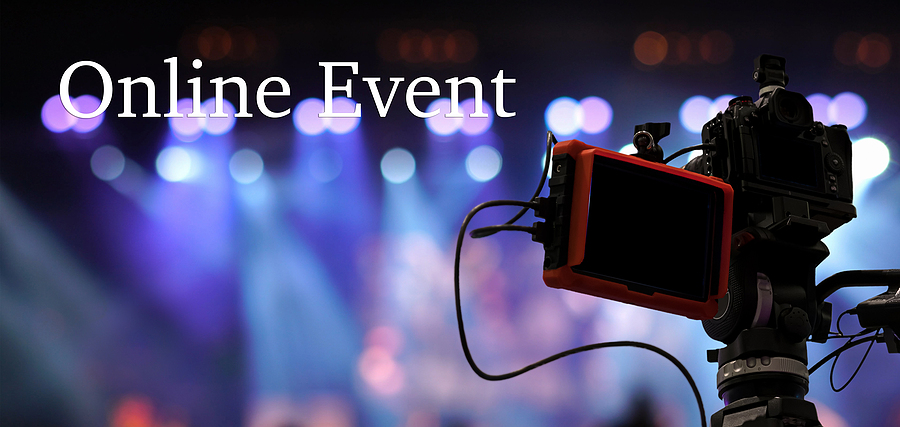Online Event text over a video camera with a monitor, filming a stage with purple lights