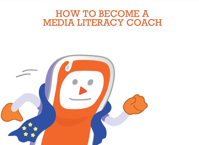 Cartoon character in orange and white, wearing a blue cape with yellow stars, running. Text: HOW TO BECOME A MEDIA LITERACY