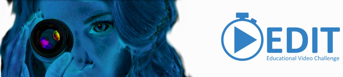 A woman with blue-tinted skin and hair holds a camera lens to her eye. Next to her, the EDIT logo.