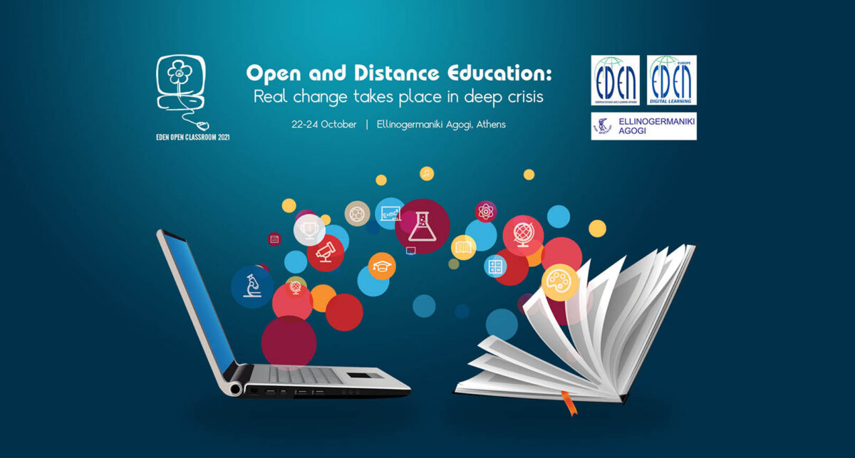 Open and Distance Education conference banner with a laptop, an open book, and colourful educational icons