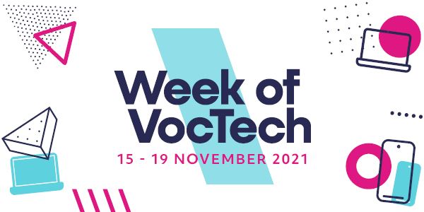 Week of VocTech banner with text 15 - 19 November 2021 and abstract shapes and tech icons