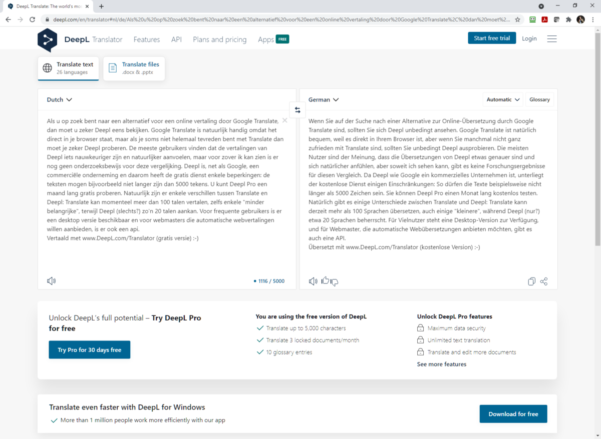 Screenshot of the DeepL Translator website, showing Dutch text translated into German.