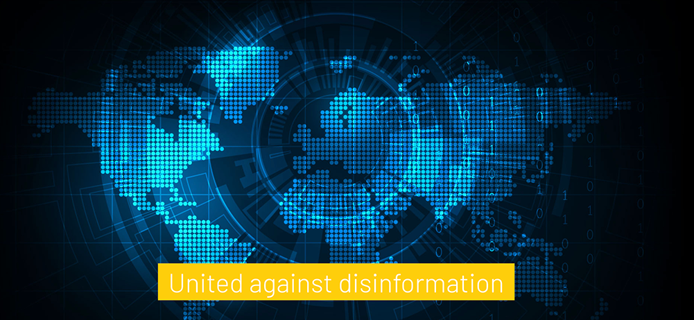A world map made of blue dots on a dark background with a yellow banner that reads: United against disinformation