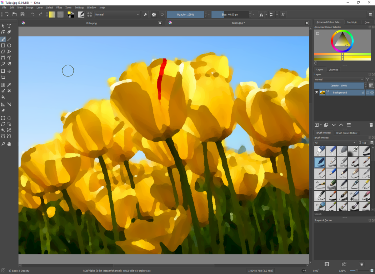 Screenshot of the Krita image editing software showing a painting of yellow tulips