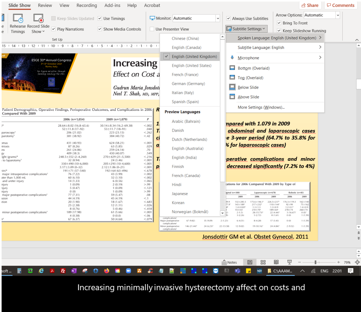 Screenshot of PowerPoint showing subtitle settings and language options, with a presentation slide in the background.