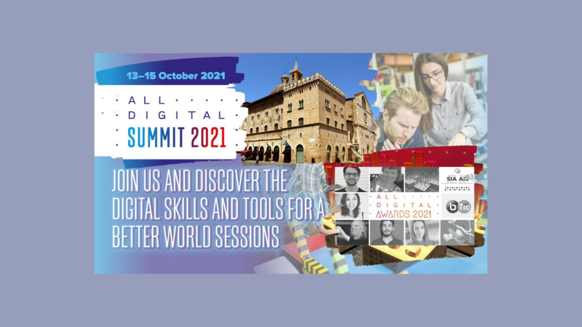 ALL DIGITAL Summit 2021 banner with event dates, a historic building, people collaborating, and awards section.