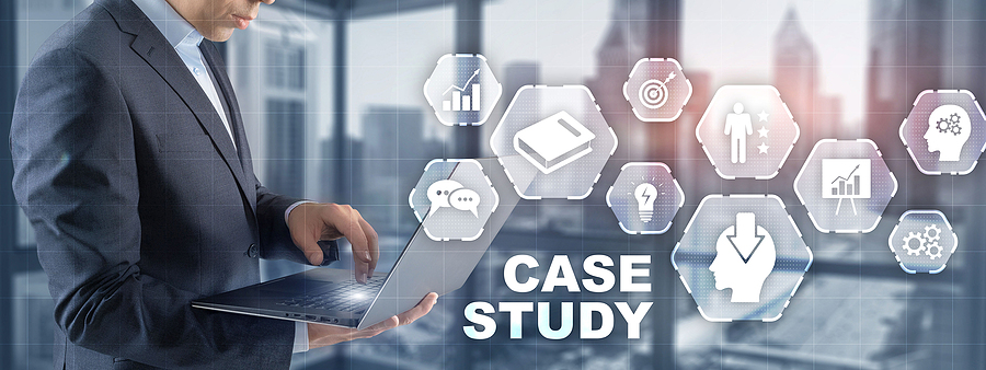 Businessman using a laptop, with a collage of hexagonal icons and the text "CASE STUDY
