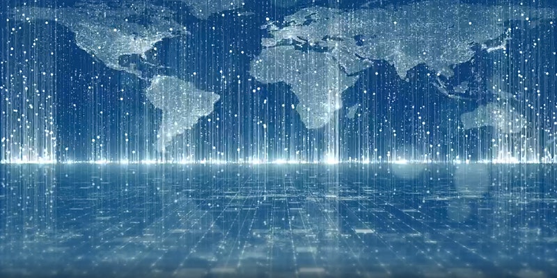 Digital world map with glowing data streams rising from a grid-like surface below