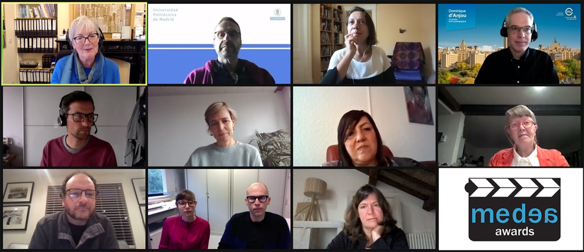 A grid of 11 people in a video conference call and a logo for the MEDEA Awards.