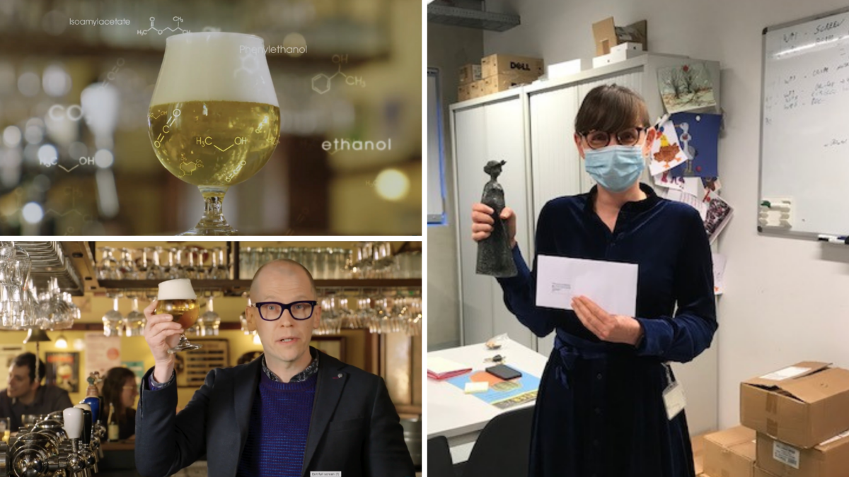 Three panels: a glass of beer with chemical formulas; a man holding a beer; a woman with a mask holding an award.