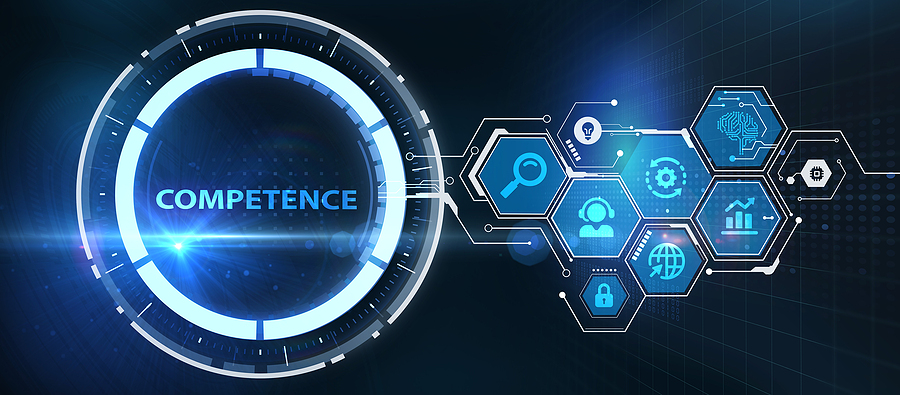 Digital interface with 'COMPETENCE' at the centre and hexagons with icons for search, ideas, AI, and data.