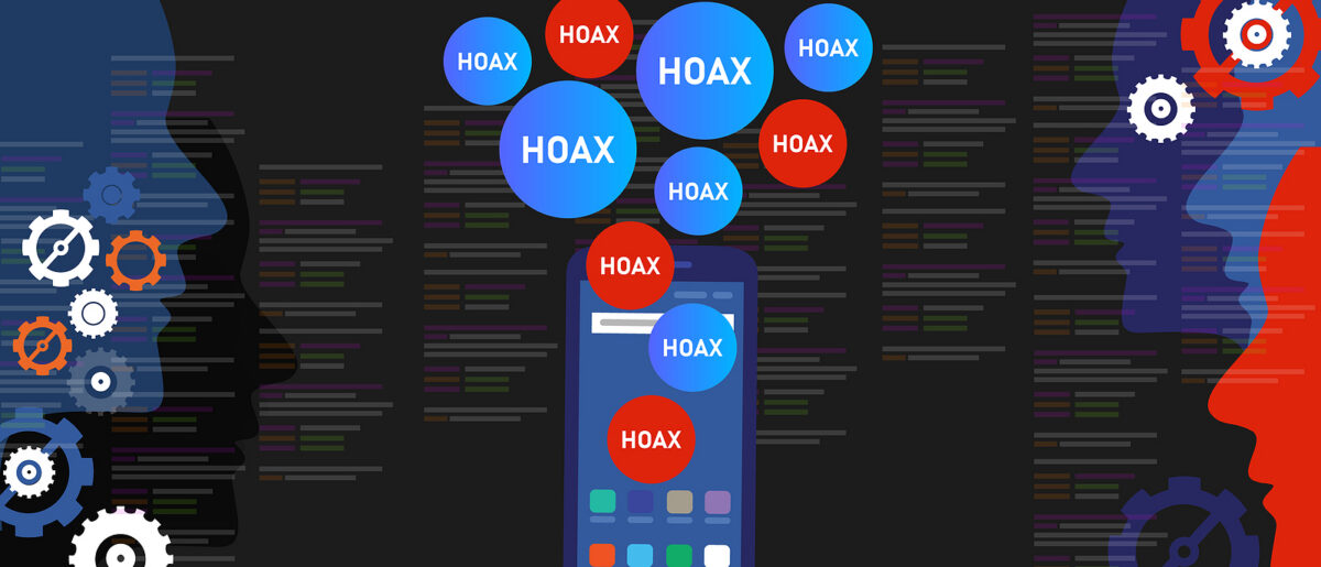 Illustration of two human head silhouettes, one blue and one red, with gears inside, facing a smartphone emitting 'HOAX'