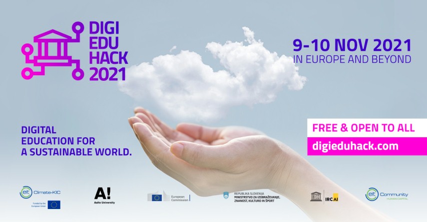 DigiEduHack 2021 poster: Digital Education for a Sustainable World. 9-10 Nov 2021. Free & Open to All.