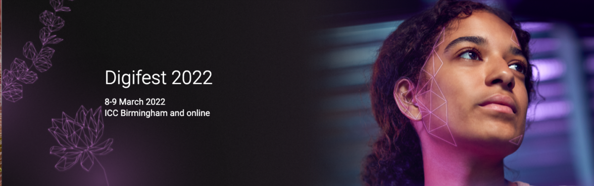 Digifest 2022 banner with event details and a woman's face overlaid with a geometric pattern