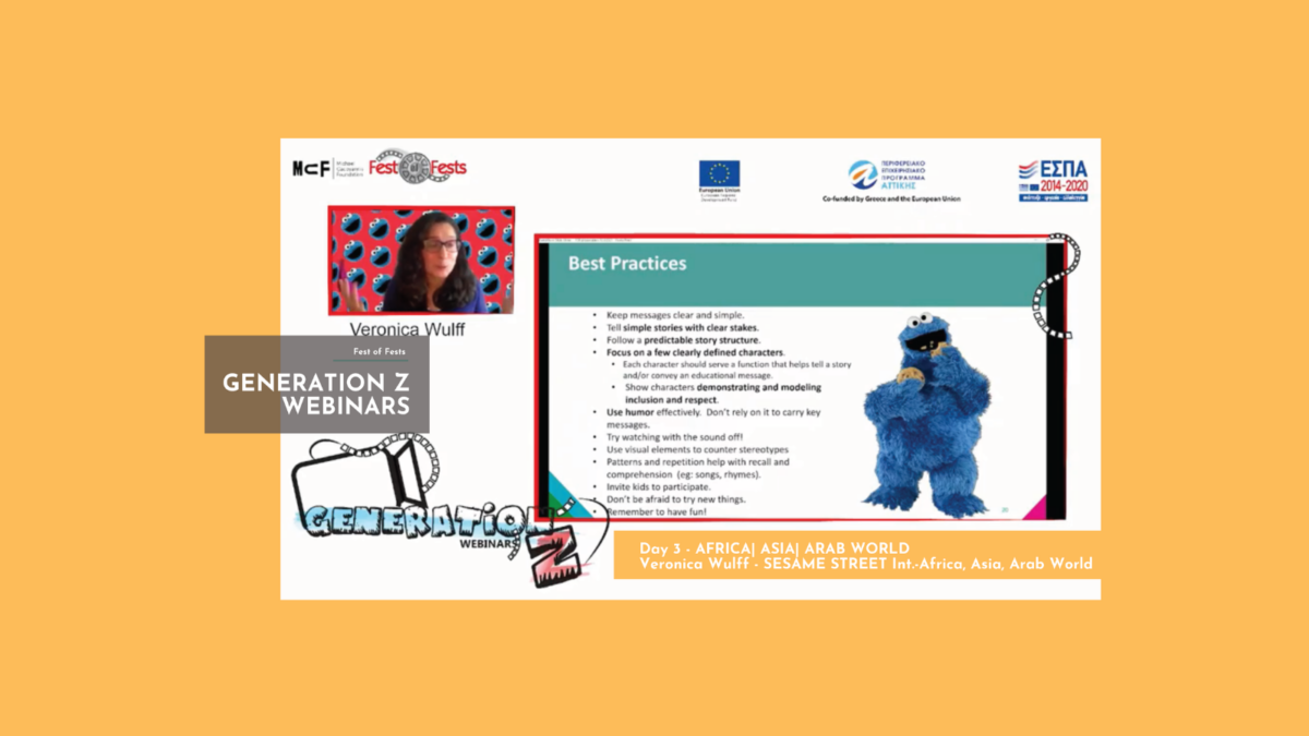 Screenshot of a webinar slide titled Best Practices, featuring a speaker and the Cookie Monster character.