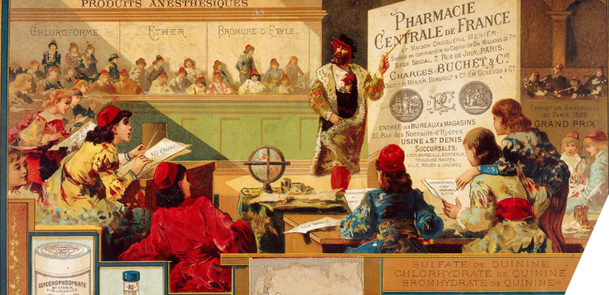 Vintage illustration of a teacher in a classroom with students, with text about anaesthetics and quinine.