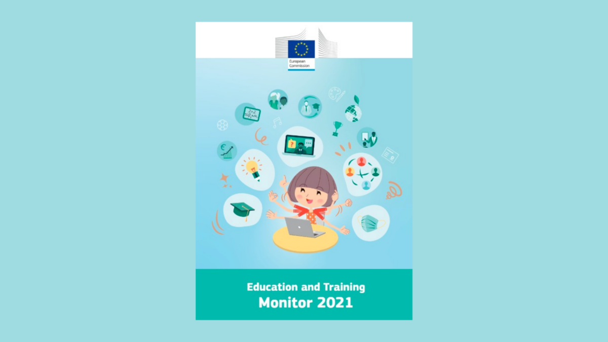 Cover of the Education and Training Monitor 2021 report with a cartoon child using a laptop