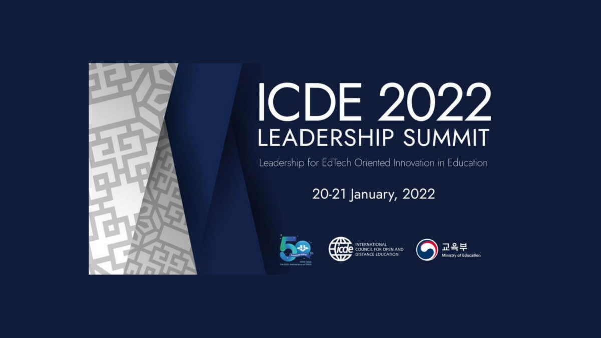 ICDE 2022 Leadership Summit banner with title, subtitle, date, and logos of ICDE and Ministry of Education