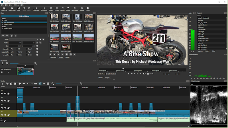 Screenshot of the Shotcut video editor interface, showing a motorcycle video, timeline, and filters.