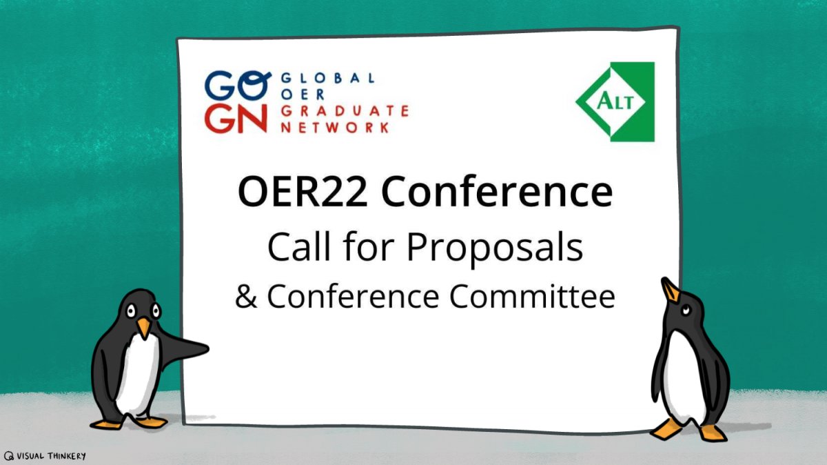 OER22 Conference Call for Proposals & Conference Committee text on a white sheet held by two penguins.