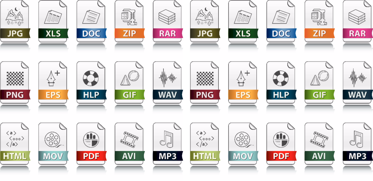 A grid of file icons, including JPG, XLS, DOC, ZIP, RAR, PNG, EPS, HLP, GIF, WAV, HTML, MOV, PDF, AVI, MP3.