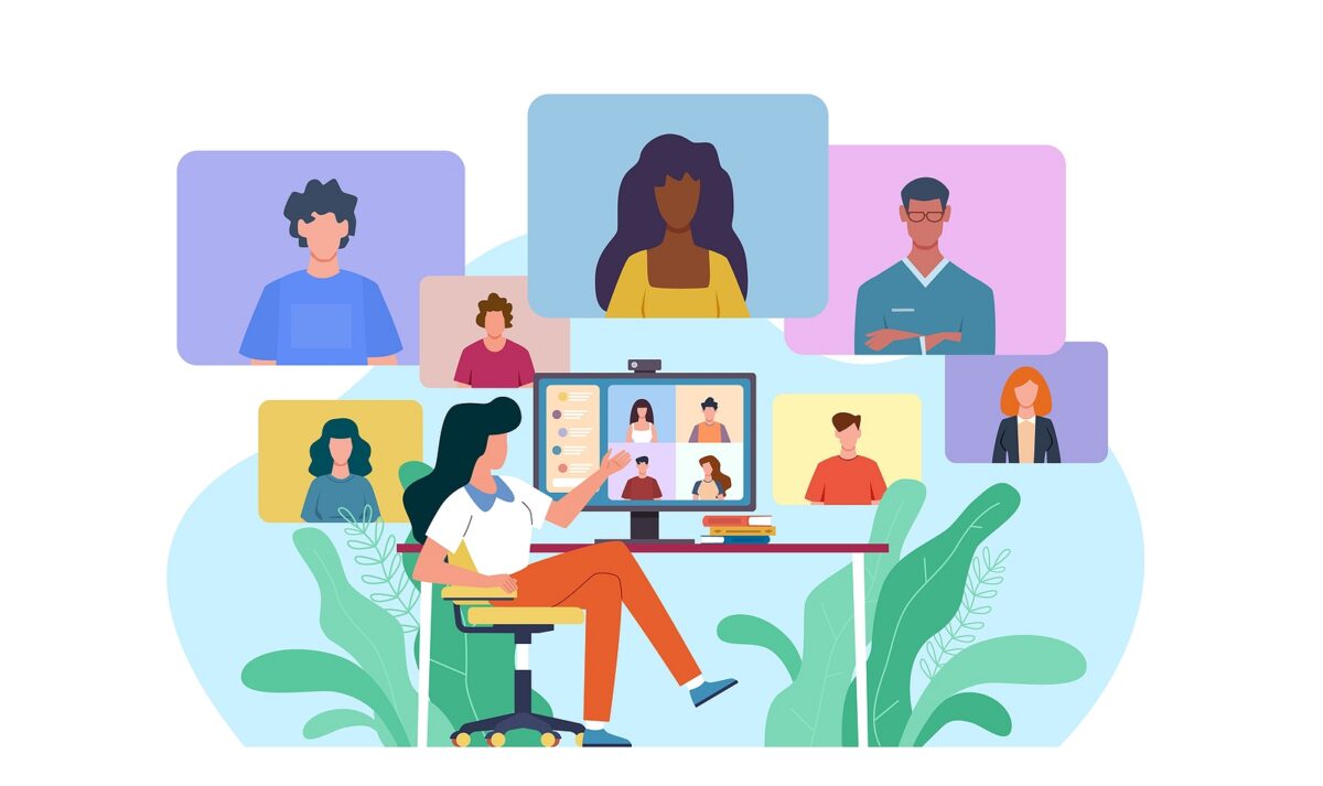 An illustration of a woman on a video call with multiple people, surrounded by floating video windows.