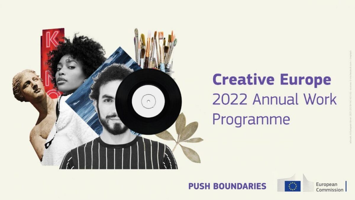 Creative Europe 2022 Annual Work Programme banner with diverse people, art supplies, and a vinyl record