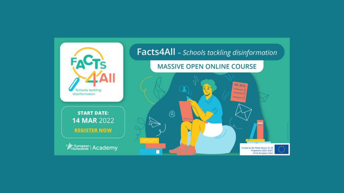 Facts4All Schools tackling disinformation Massive Open Online Course banner with start date 14 March 2022