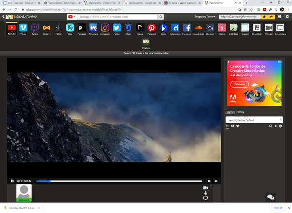 Screenshot of the Watch2Gether website showing a video of mountains and clouds, with various app icons.