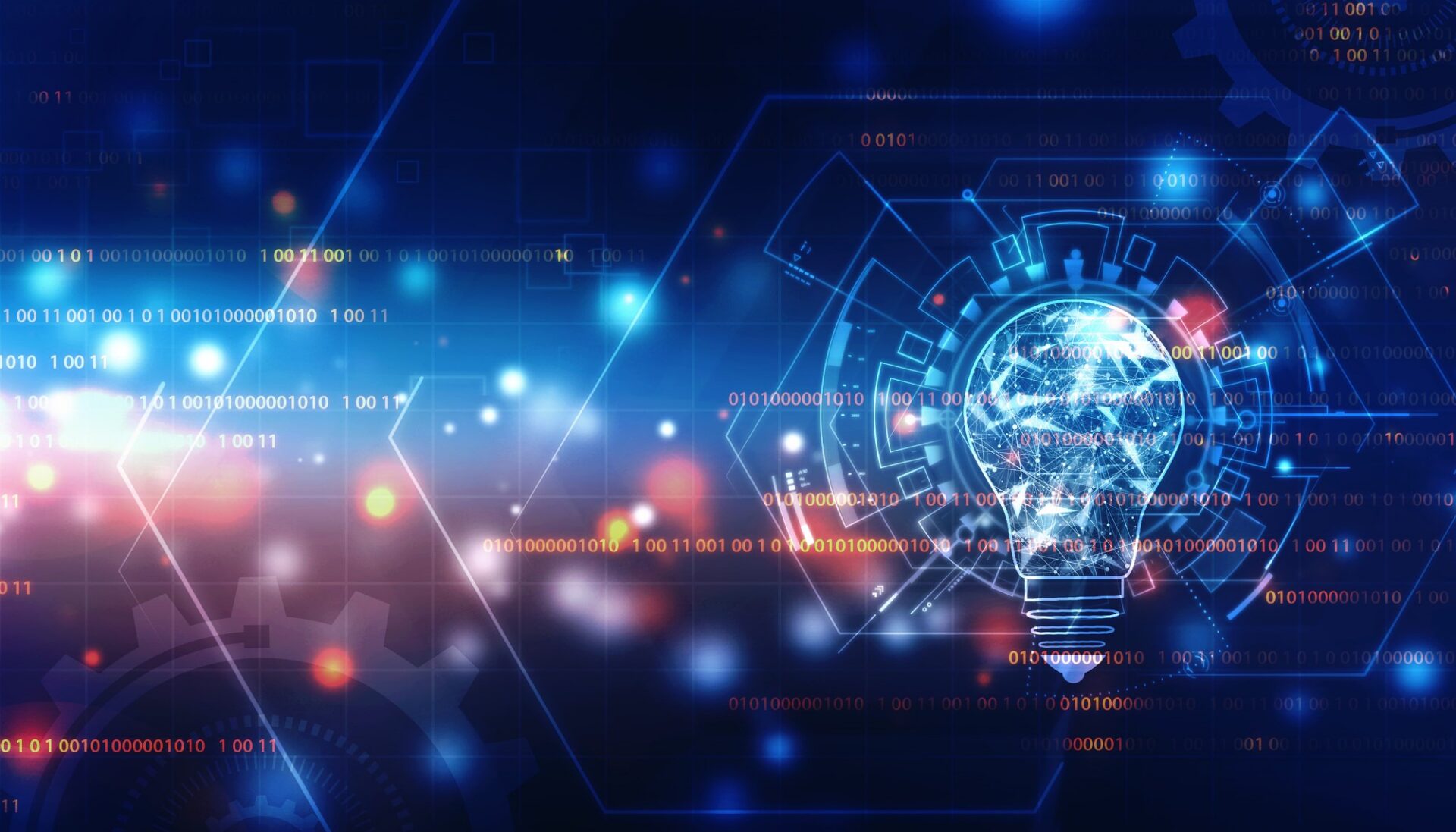 Digital illustration of a lightbulb with a brain inside, surrounded by binary code and network lines.