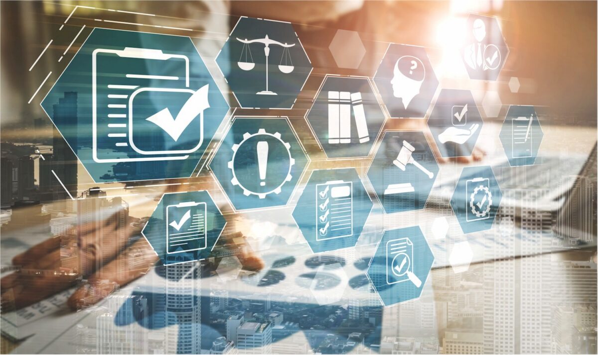 Digital overlay of hexagons with icons representing regulation, law, and compliance over a cityscape.