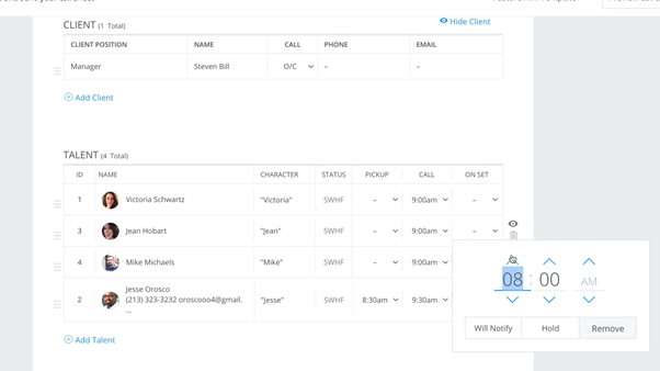 Screenshot of StudioBinder showing a client list and a talent list, with a time picker overlay.