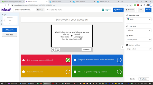 Screenshot of a Kahoot quiz creation interface with a video question and four answer options.
