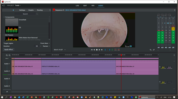 Screenshot of the Lightworks video editing software interface, showing a video clip in the viewer and timeline.