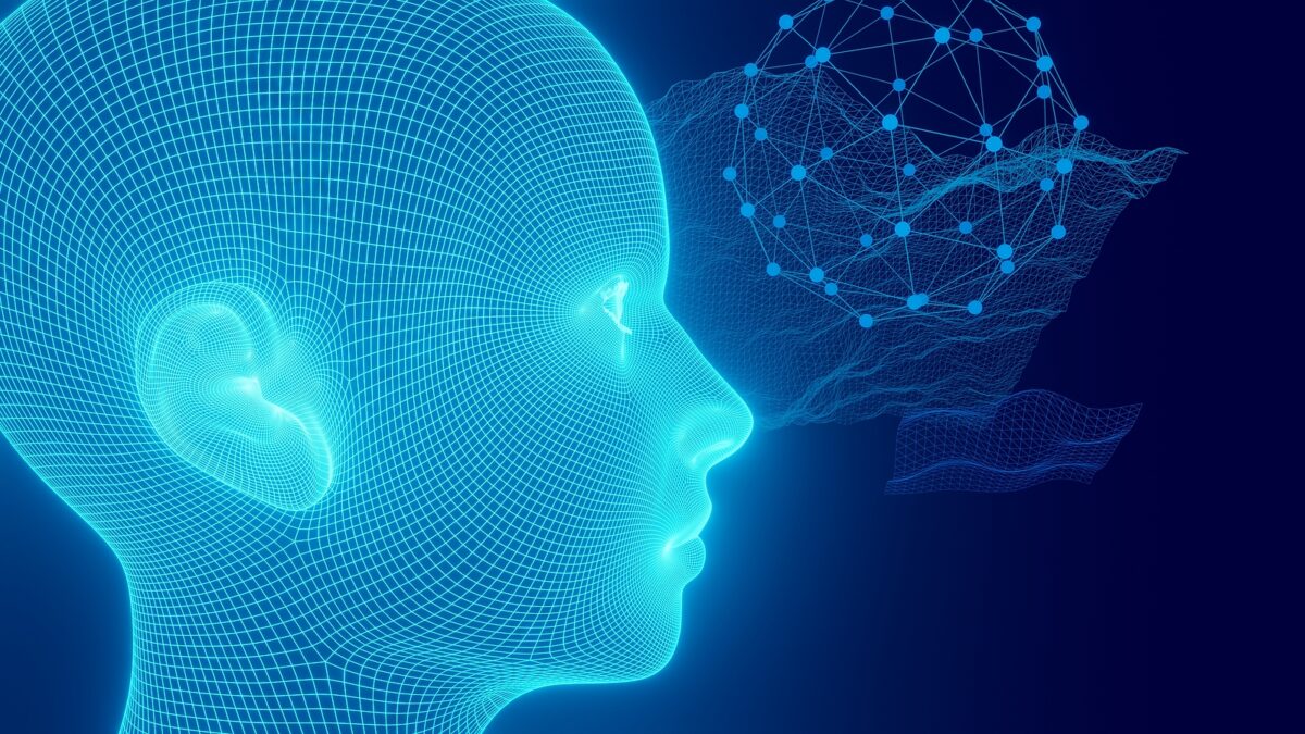A blue wireframe human head in profile, with a network of connected dots and lines to its right.