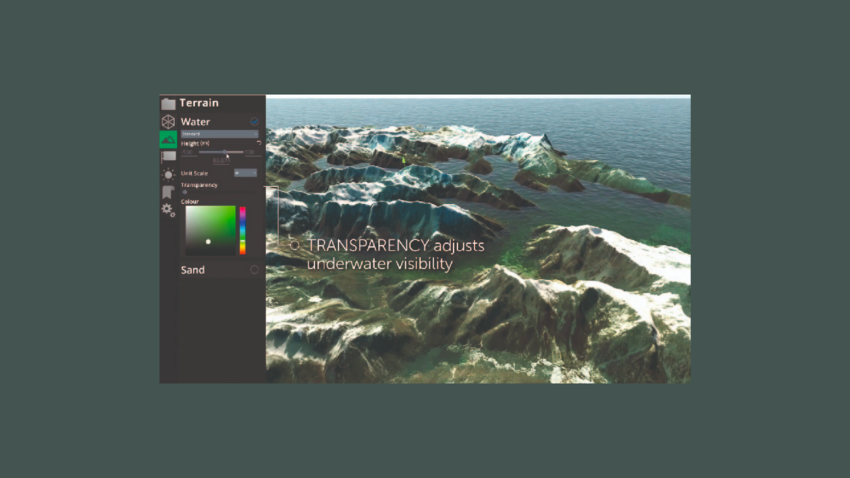 Screenshot of a 3D environment editor with a water and terrain scene, showing a transparency slider.